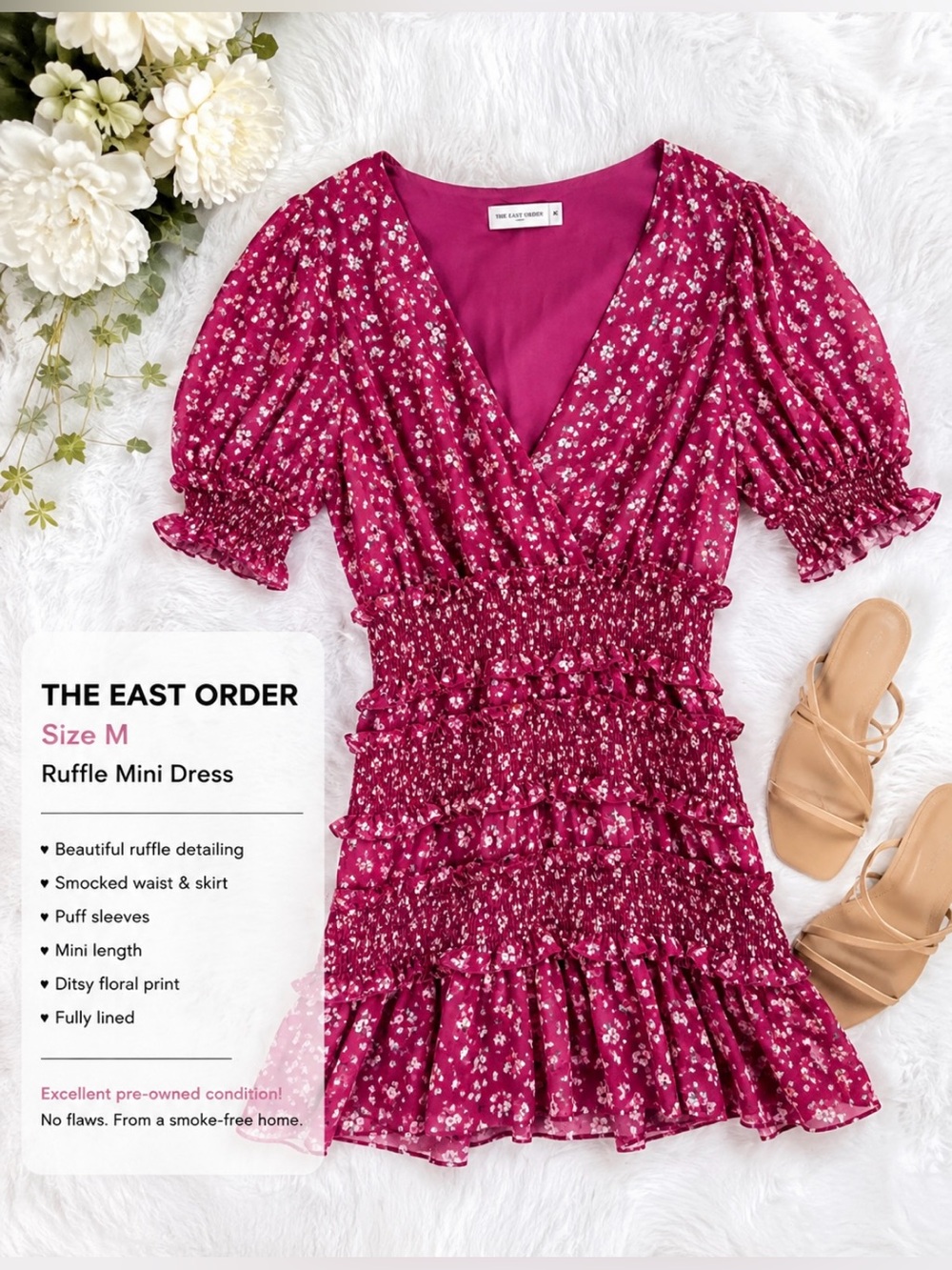 EUC The East Order Pink
Floral Smocked Ruffle
Mini Dress Size M